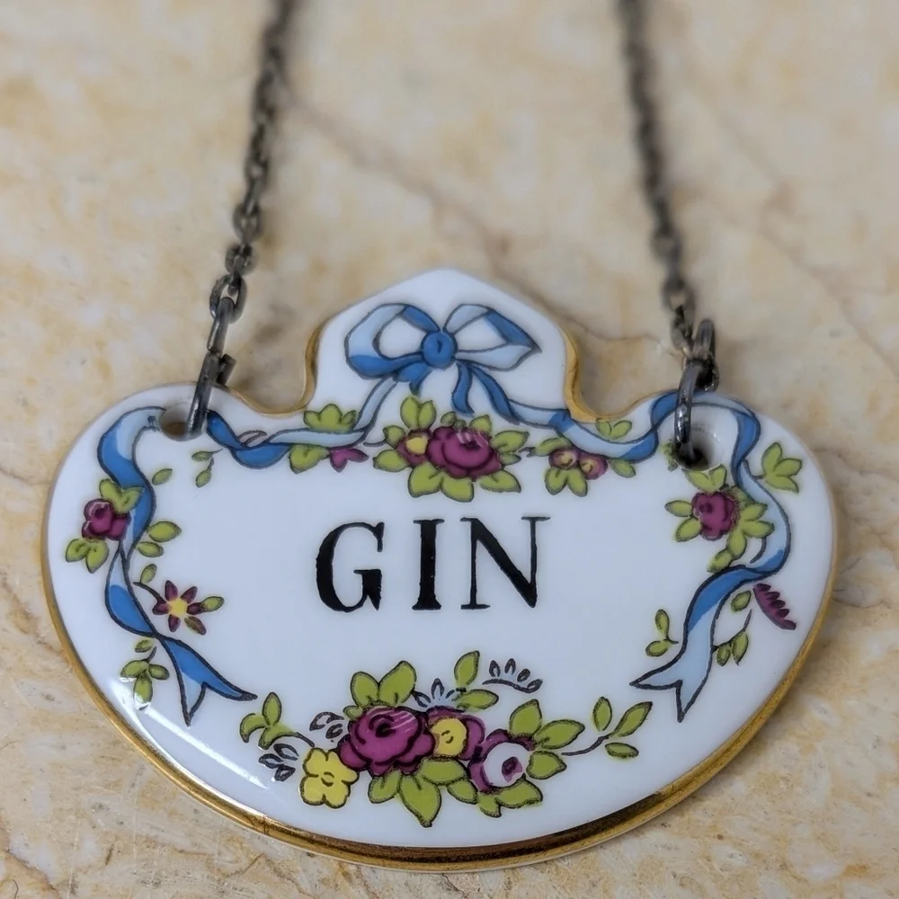 Vintage Coalport Bone China Decanter Gin Tag Label With Chain